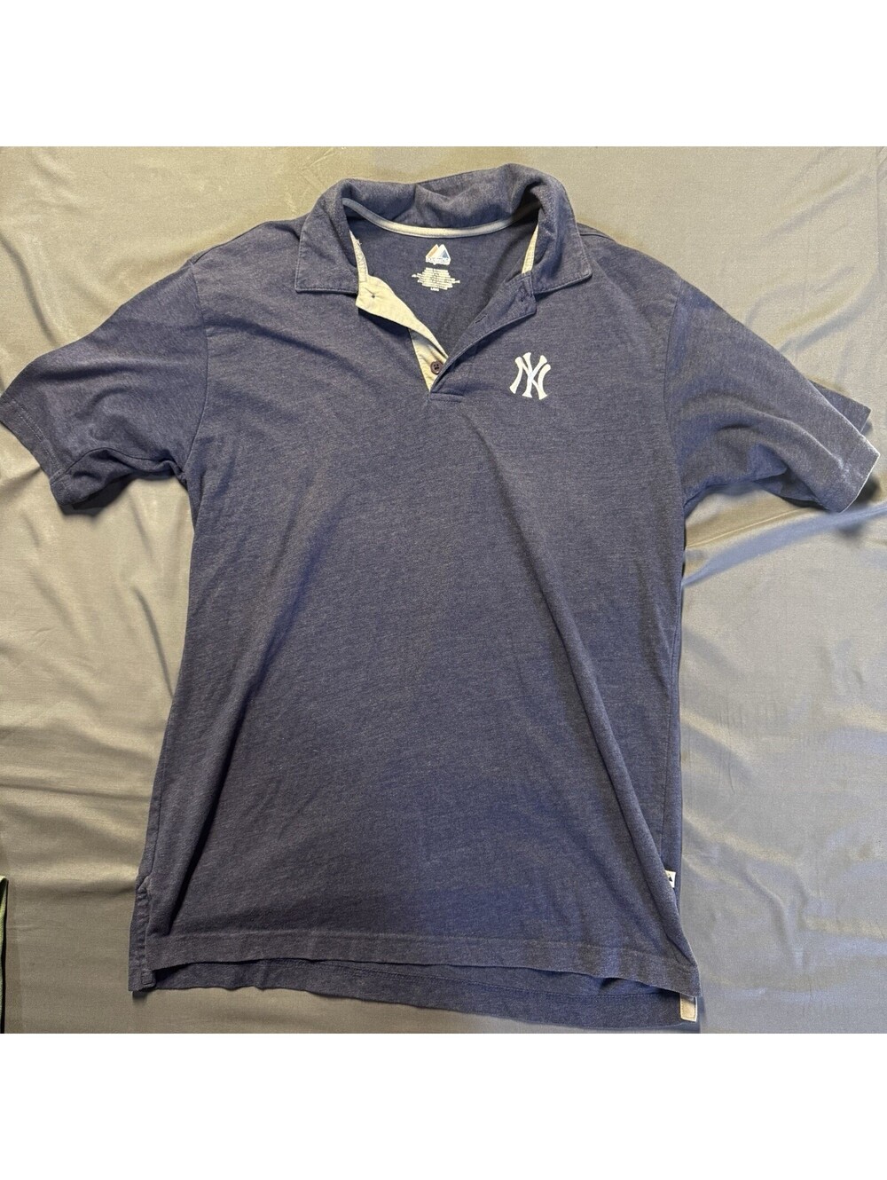 Majestic NY New York Yankees Polo Shirt Mens Large L Blue Heathered MLB Baseball